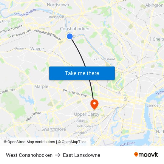 West Conshohocken to East Lansdowne map