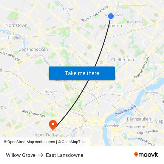 Willow Grove to East Lansdowne map