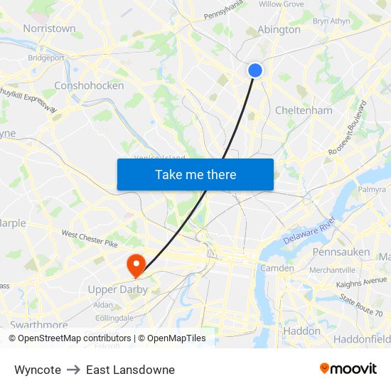 Wyncote to East Lansdowne map