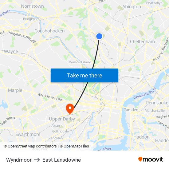 Wyndmoor to East Lansdowne map