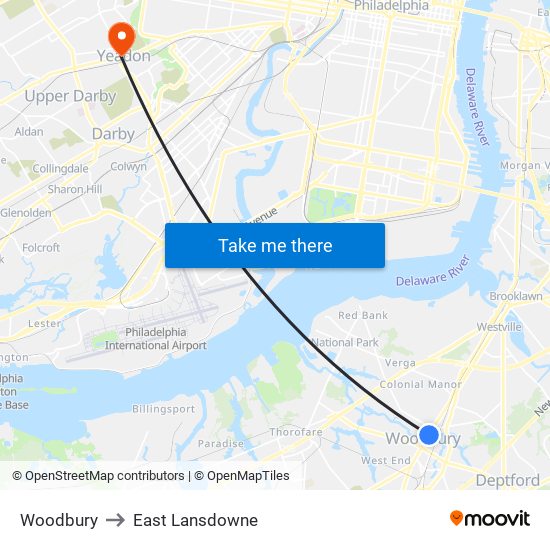 Woodbury to East Lansdowne map