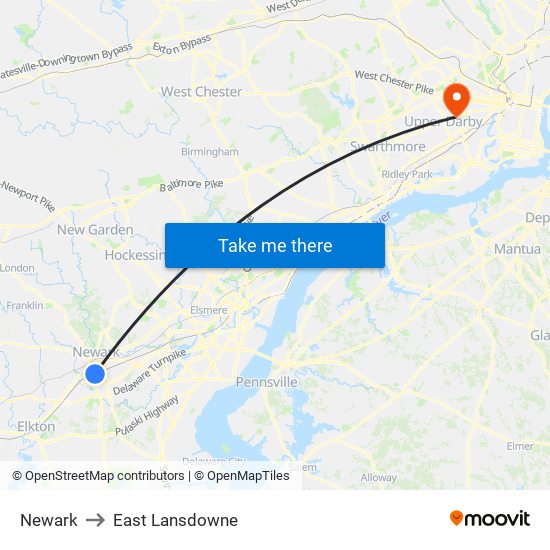 Newark to East Lansdowne map