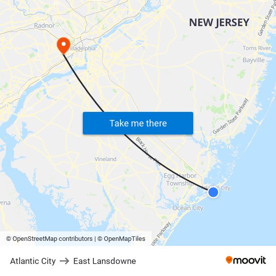 Atlantic City to East Lansdowne map