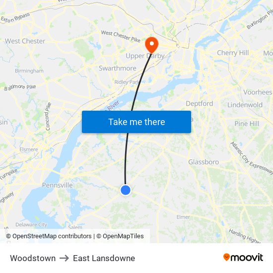 Woodstown to East Lansdowne map