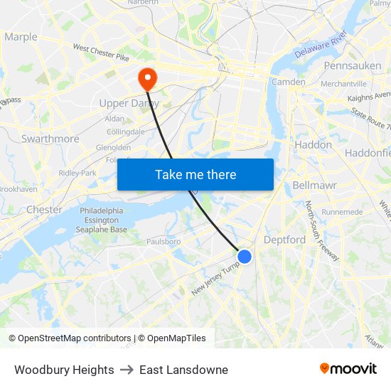 Woodbury Heights to East Lansdowne map