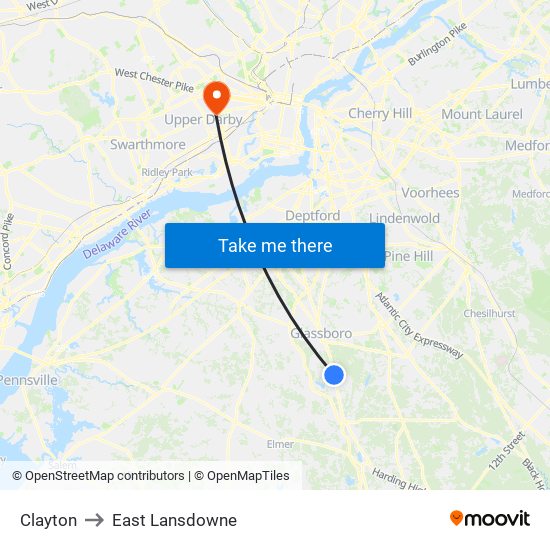 Clayton to East Lansdowne map