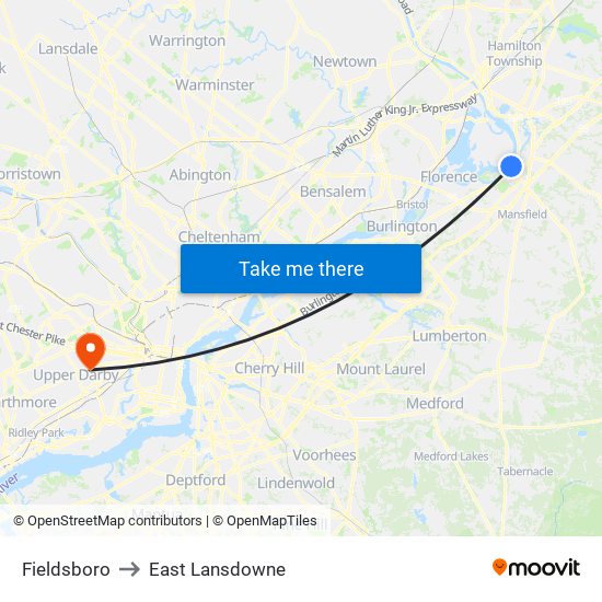 Fieldsboro to East Lansdowne map