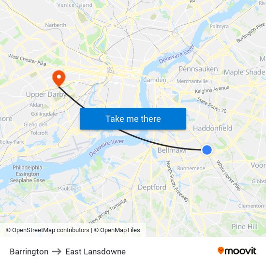 Barrington to East Lansdowne map