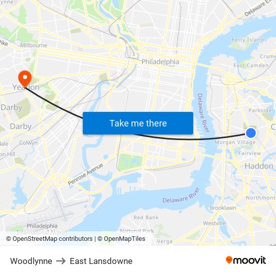 Woodlynne to East Lansdowne map