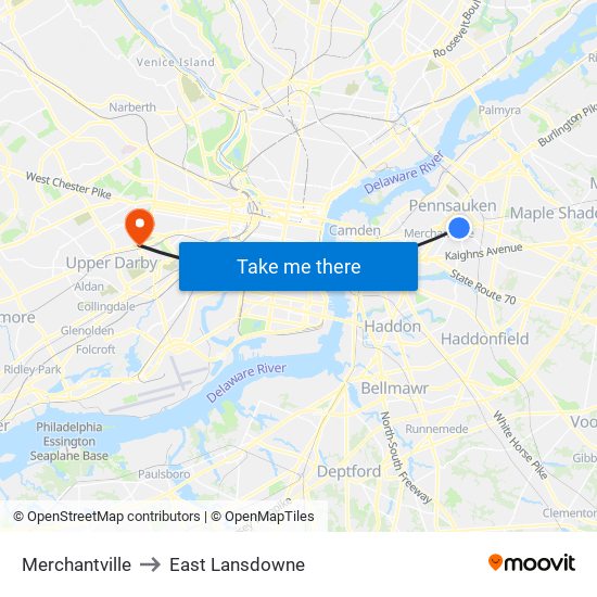 Merchantville to East Lansdowne map