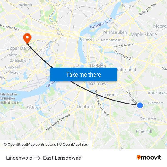Lindenwold to East Lansdowne map