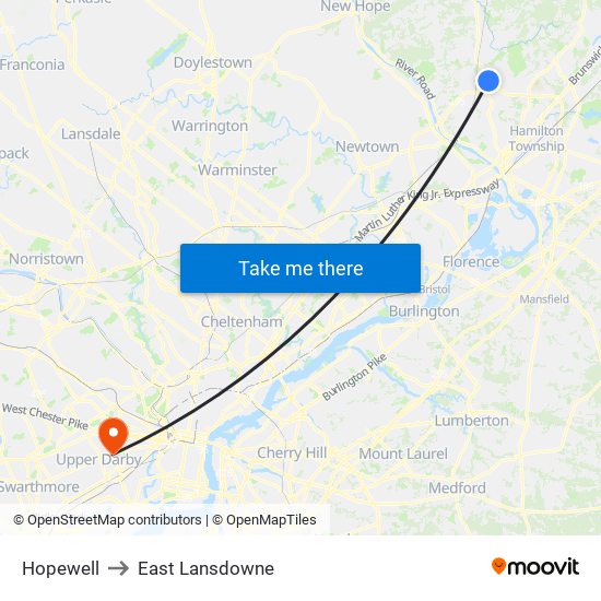 Hopewell to East Lansdowne map