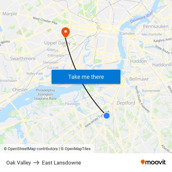 Oak Valley to East Lansdowne map