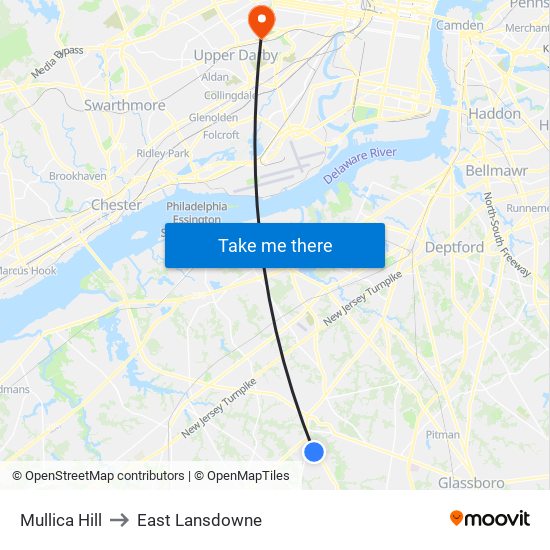 Mullica Hill to East Lansdowne map
