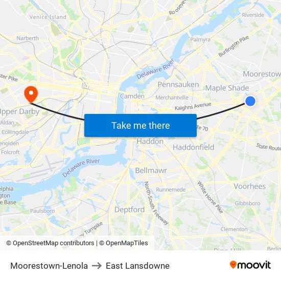 Moorestown-Lenola to East Lansdowne map