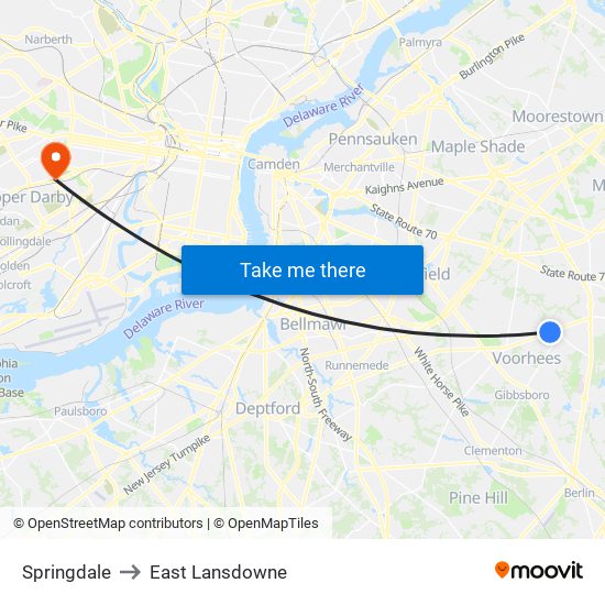 Springdale to East Lansdowne map
