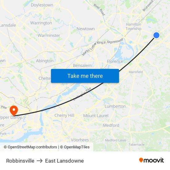 Robbinsville to East Lansdowne map