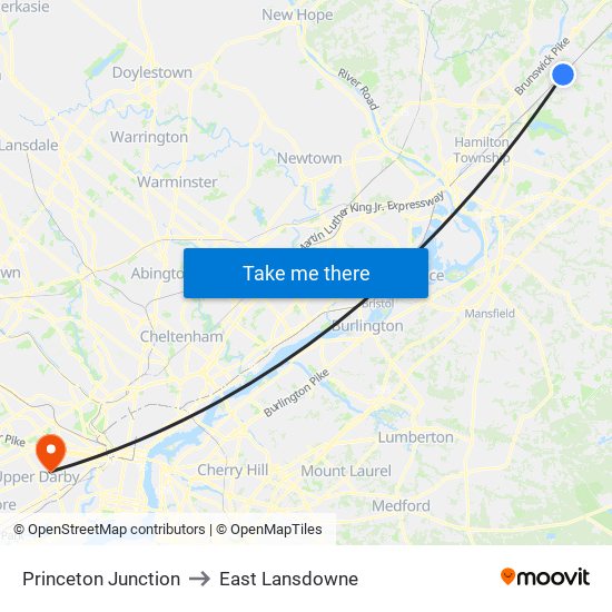 Princeton Junction to East Lansdowne map