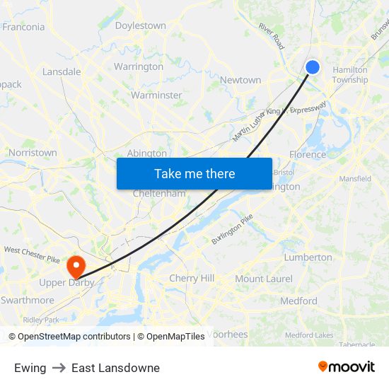 Ewing to East Lansdowne map