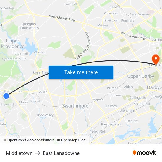Middletown to East Lansdowne map
