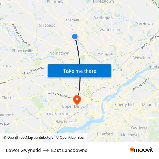 Lower Gwynedd to East Lansdowne map