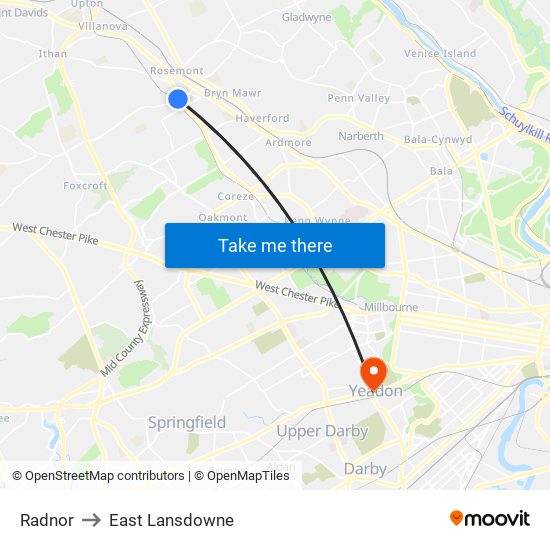 Radnor to East Lansdowne map