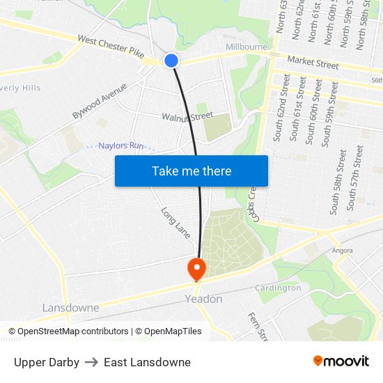 Upper Darby to East Lansdowne map