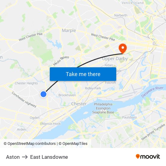 Aston to East Lansdowne map
