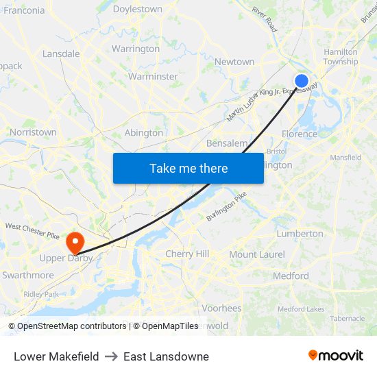 Lower Makefield to East Lansdowne map