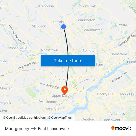 Montgomery to East Lansdowne map