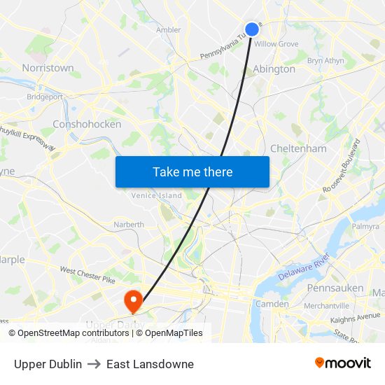 Upper Dublin to East Lansdowne map