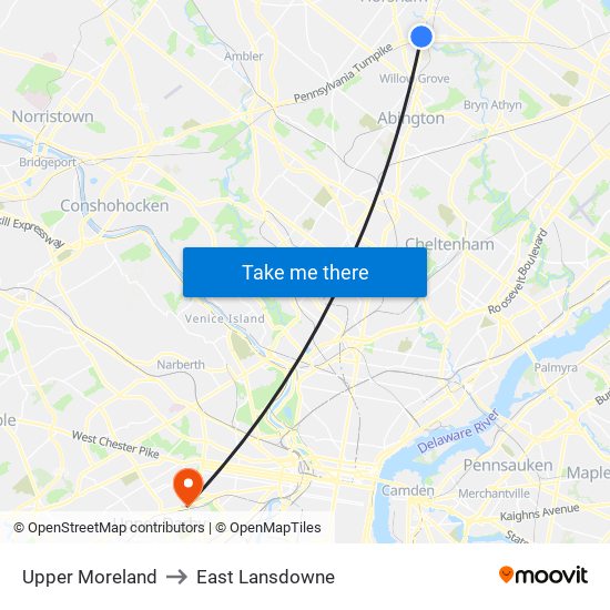 Upper Moreland to East Lansdowne map