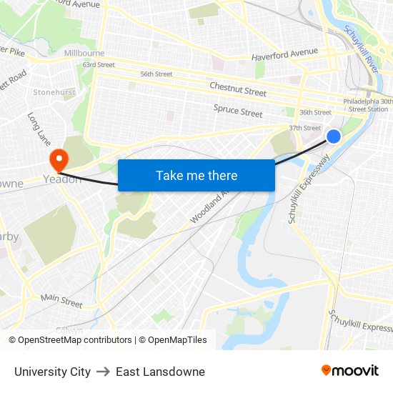 University City to East Lansdowne map