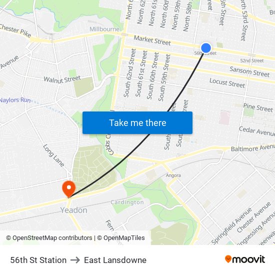 56th St Station to East Lansdowne map