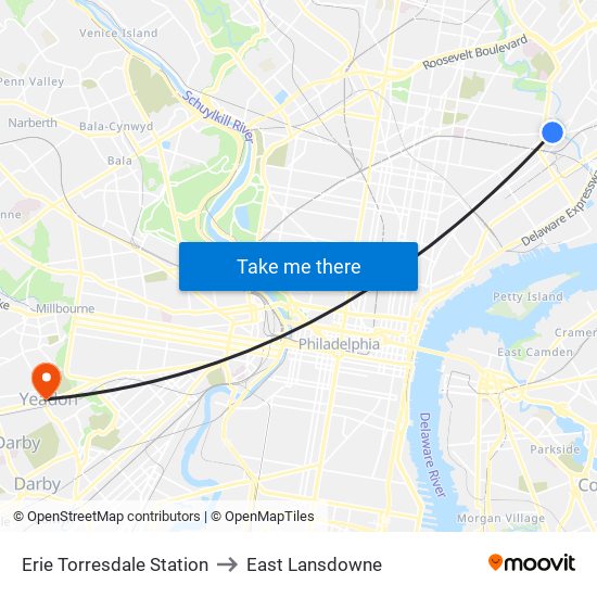 Erie Torresdale Station to East Lansdowne map