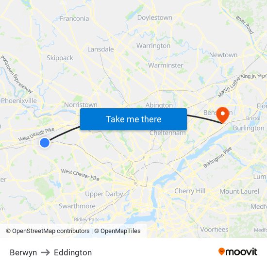 Berwyn to Eddington map