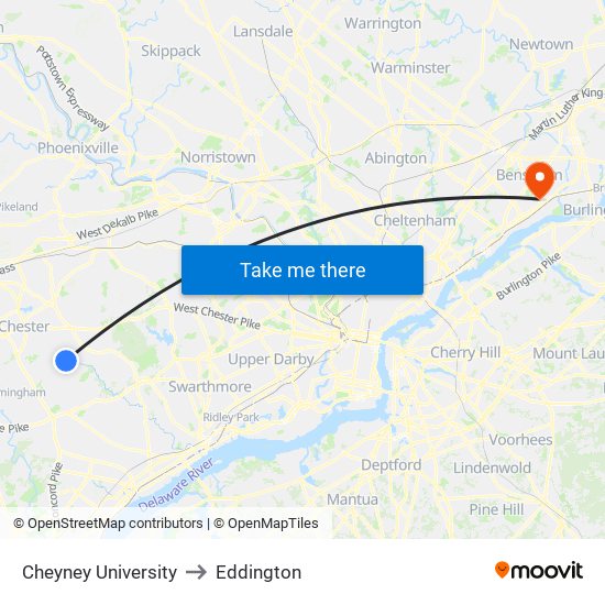 Cheyney University to Eddington map