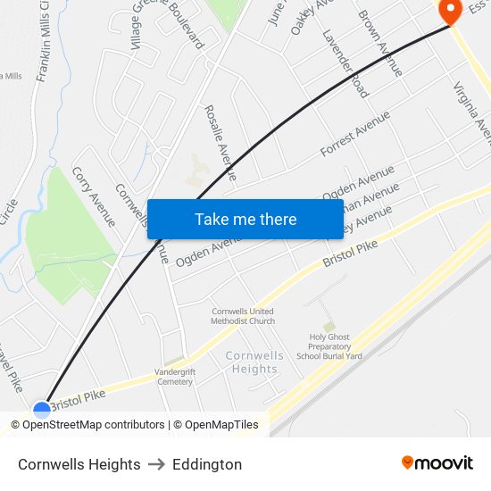 Cornwells Heights to Eddington map