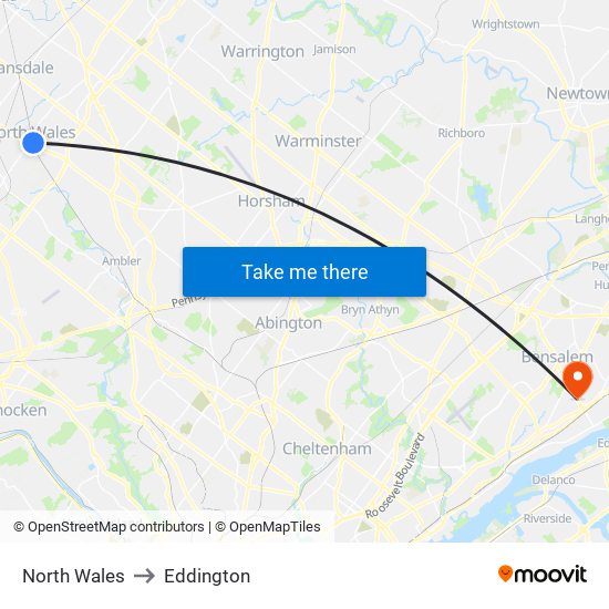 North Wales to Eddington map