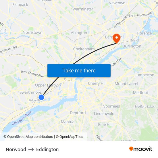 Norwood to Eddington map