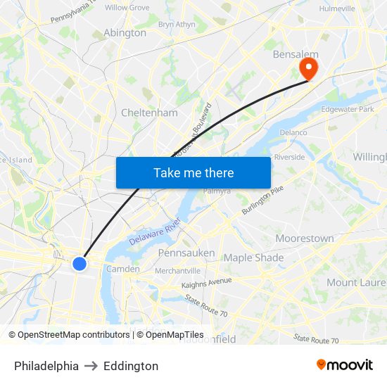 Philadelphia to Eddington map