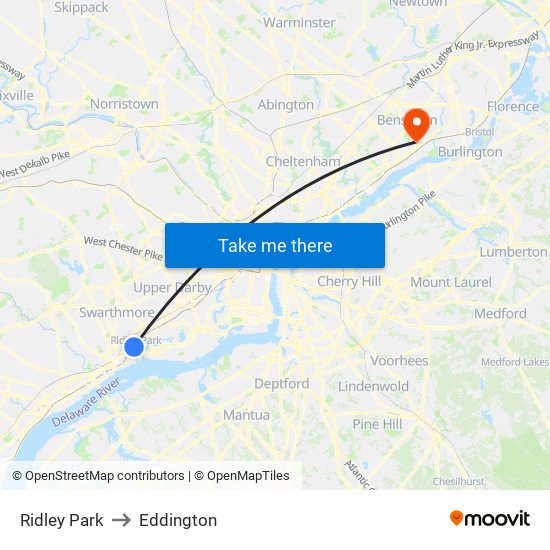 Ridley Park to Eddington map