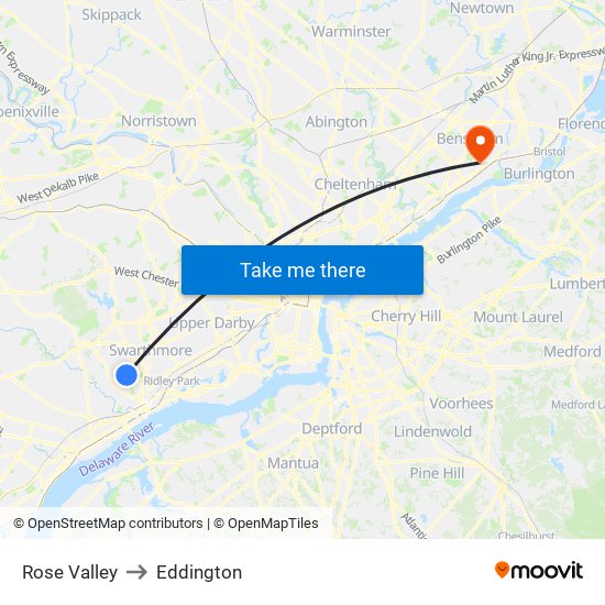 Rose Valley to Eddington map