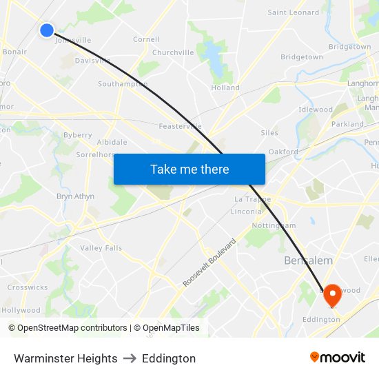 Warminster Heights to Eddington map