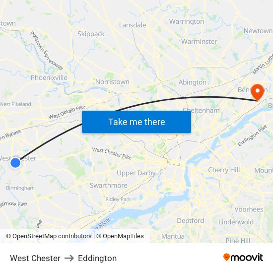 West Chester to Eddington map