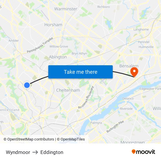 Wyndmoor to Eddington map