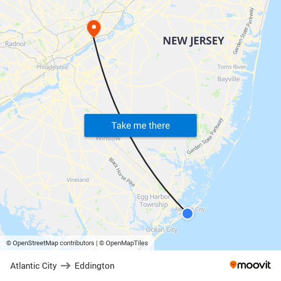 Atlantic City to Eddington map