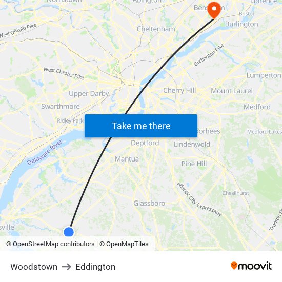 Woodstown to Eddington map