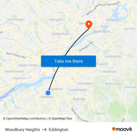 Woodbury Heights to Eddington map