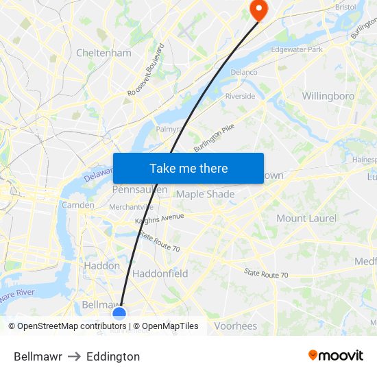 Bellmawr to Eddington map